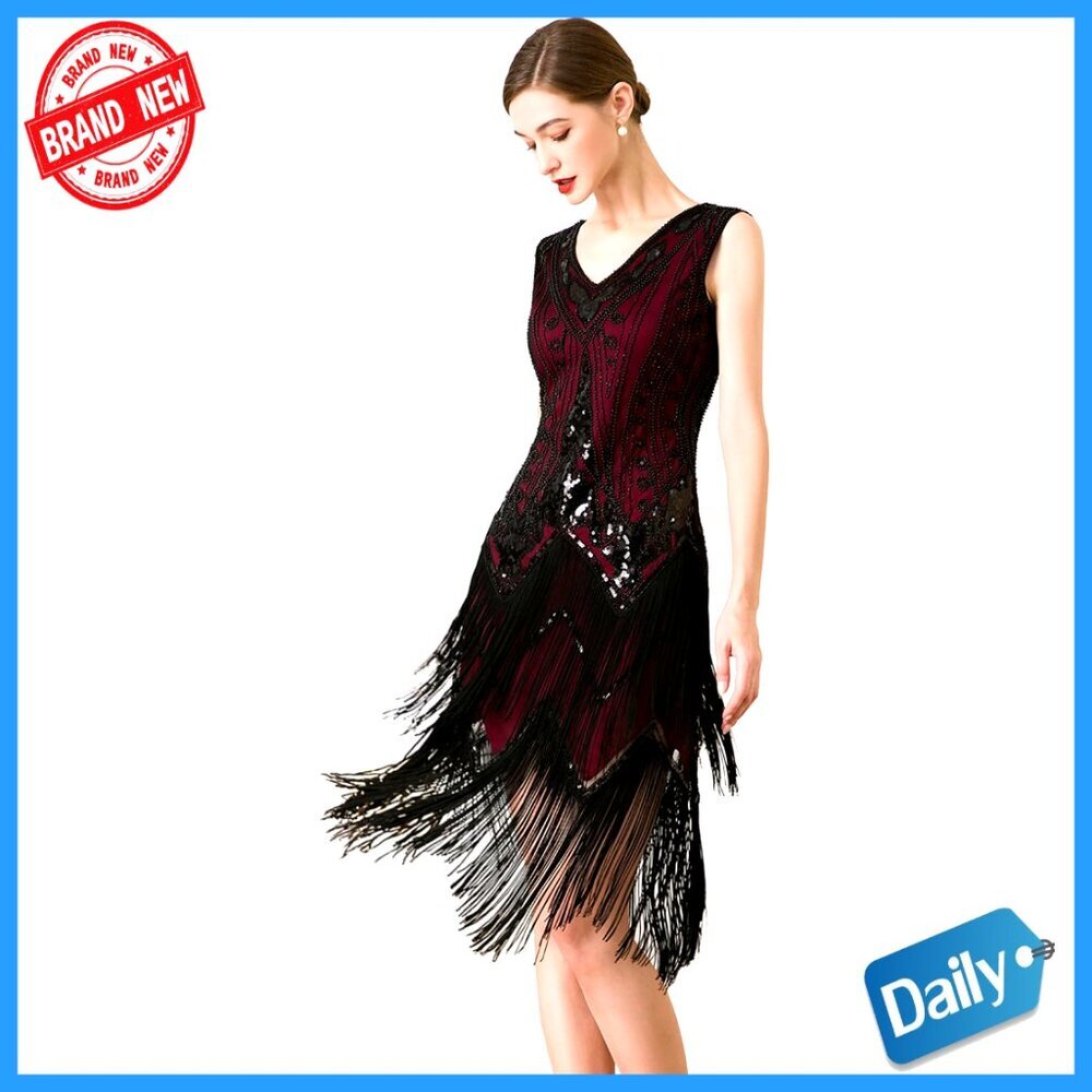 Flapper Dress 1920s V-Neck Beaded Fringe Gatsby Party Cocktail